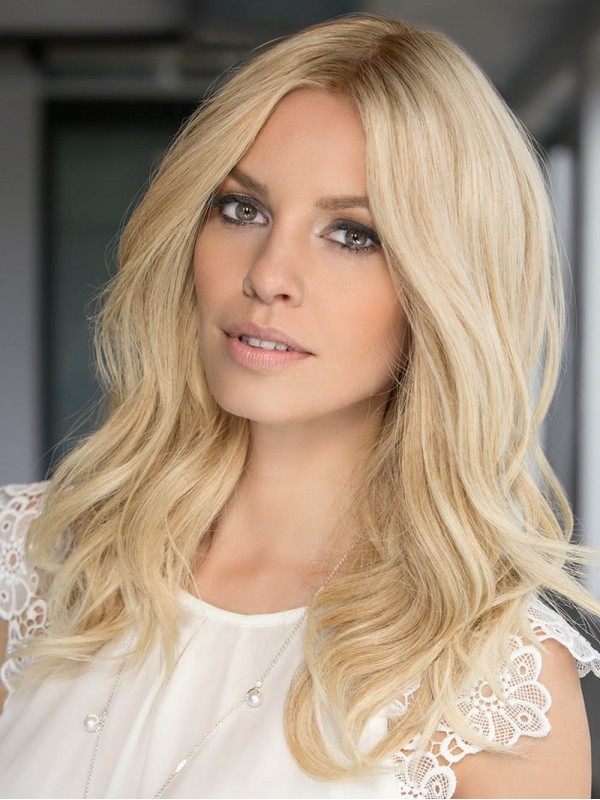 Centrale Scheiding Lange Golvende Blonde Monofilament Pruiken Van Echt Haar 18 Inch