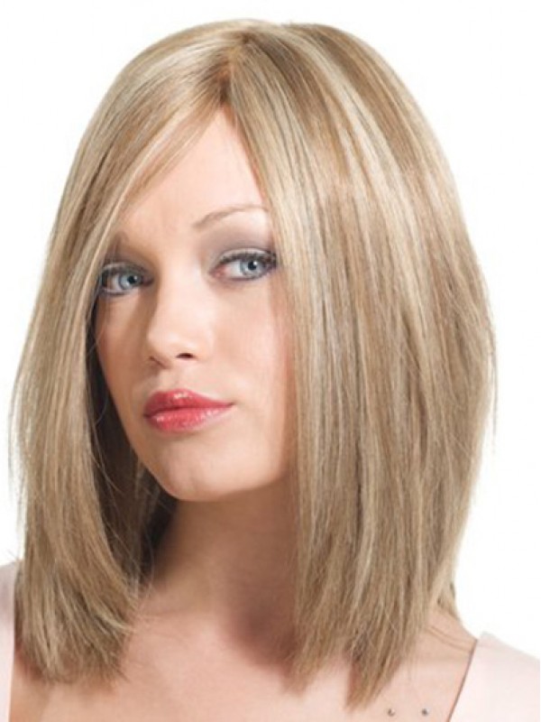 Halflange Monofilament Blonde Rechte Remy Menselijke Pruiken Met Pony Aan De Zijkant 14 Inch