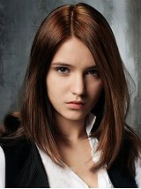 Medium Lace Front Bruin Rechte Remy Human-Pruiken Met Pony Aan De Zijkant 14 Inch