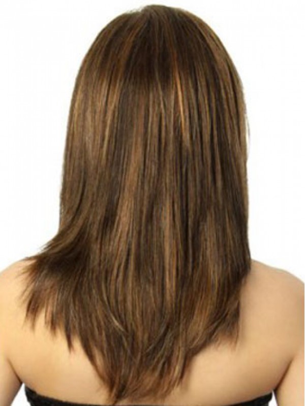 Lange Bruine Rechte Medium Capless Remy Menselijke Pruiken Met Pony 16 Inch