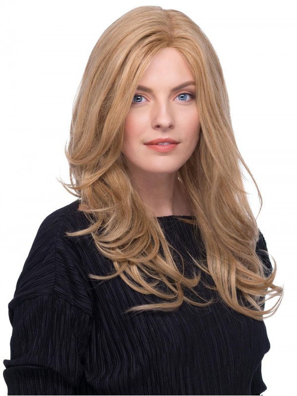 Centrale Scheiding Blonde Golvende Lange Pruiken Van Echt Haar Met Kant 18 Inch