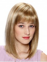 Monofilament Medium Blonde Rechte Mensenhaar Pruiken Met Pony 14 Inch