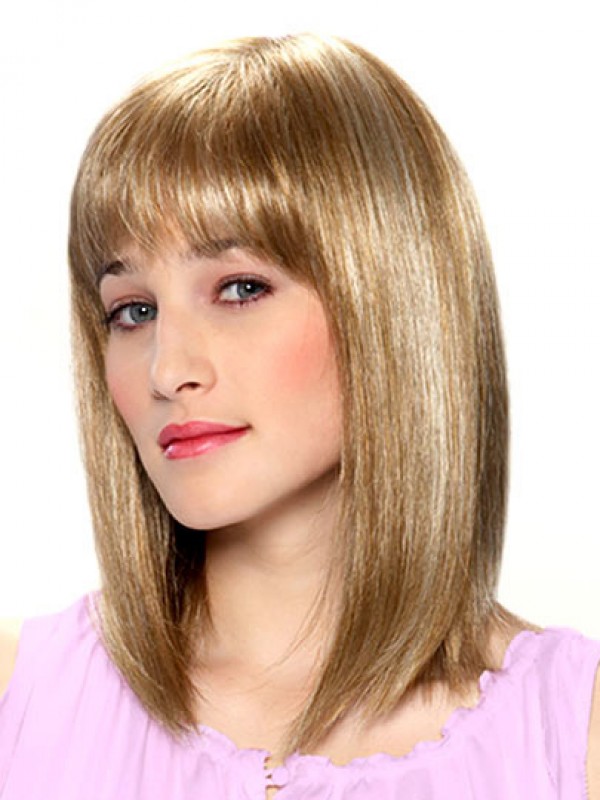Monofilament Medium Blonde Rechte Mensenhaar Pruiken Met Pony 14 Inch