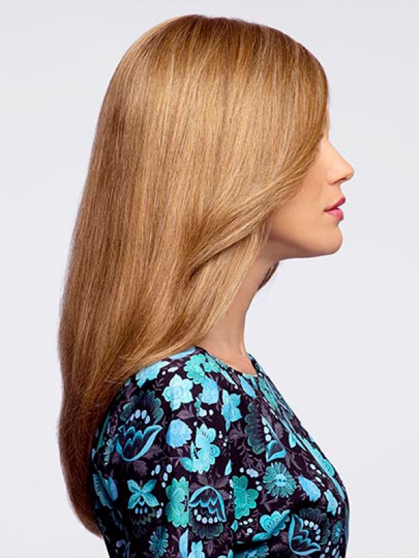 Blonde Rechte Lange Kaploze Pruiken Van Echt Haar Met Pony Aan De Zijkant 20 Inch