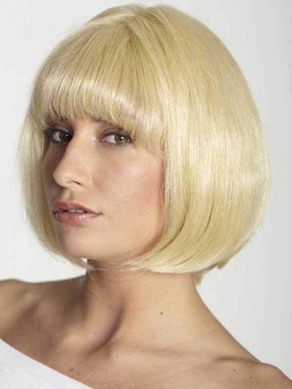 Bob Stijl Blonde Rechte Korte Mensenhaar Full Lace Pruiken Met Pony 10 Inch